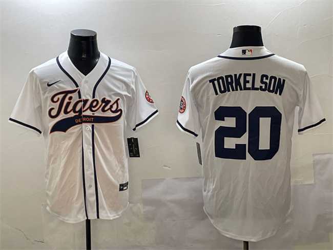 Men%27s Detroit Tigers #20 Spencer Torkelson White With Patch Cool Base Stitched Jersey->detroit tigers->MLB Jersey